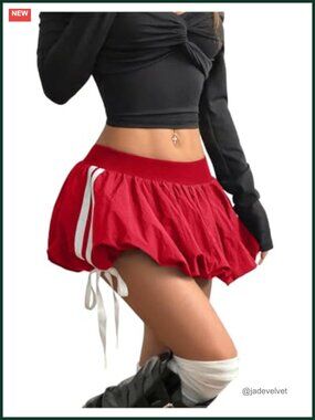 Y2k Bubble Skirt - Low Rise Mini with Side Striped Tie Bow - Puffer Style